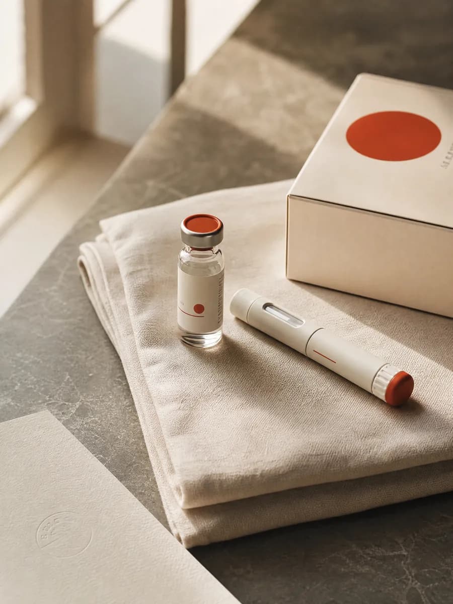 A Ryo vial and injector pen resting on folded linen