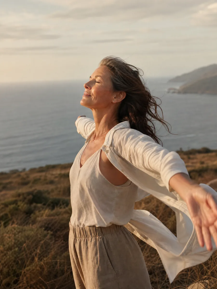 A woman opening her arms to the wind on a coastal overlook