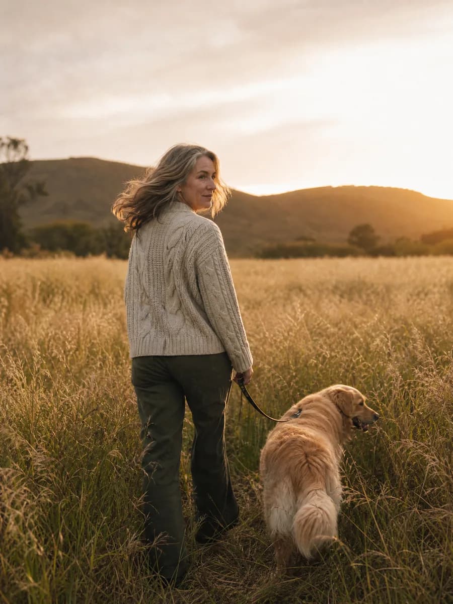 A woman walking her dog through a golden field at sunset
