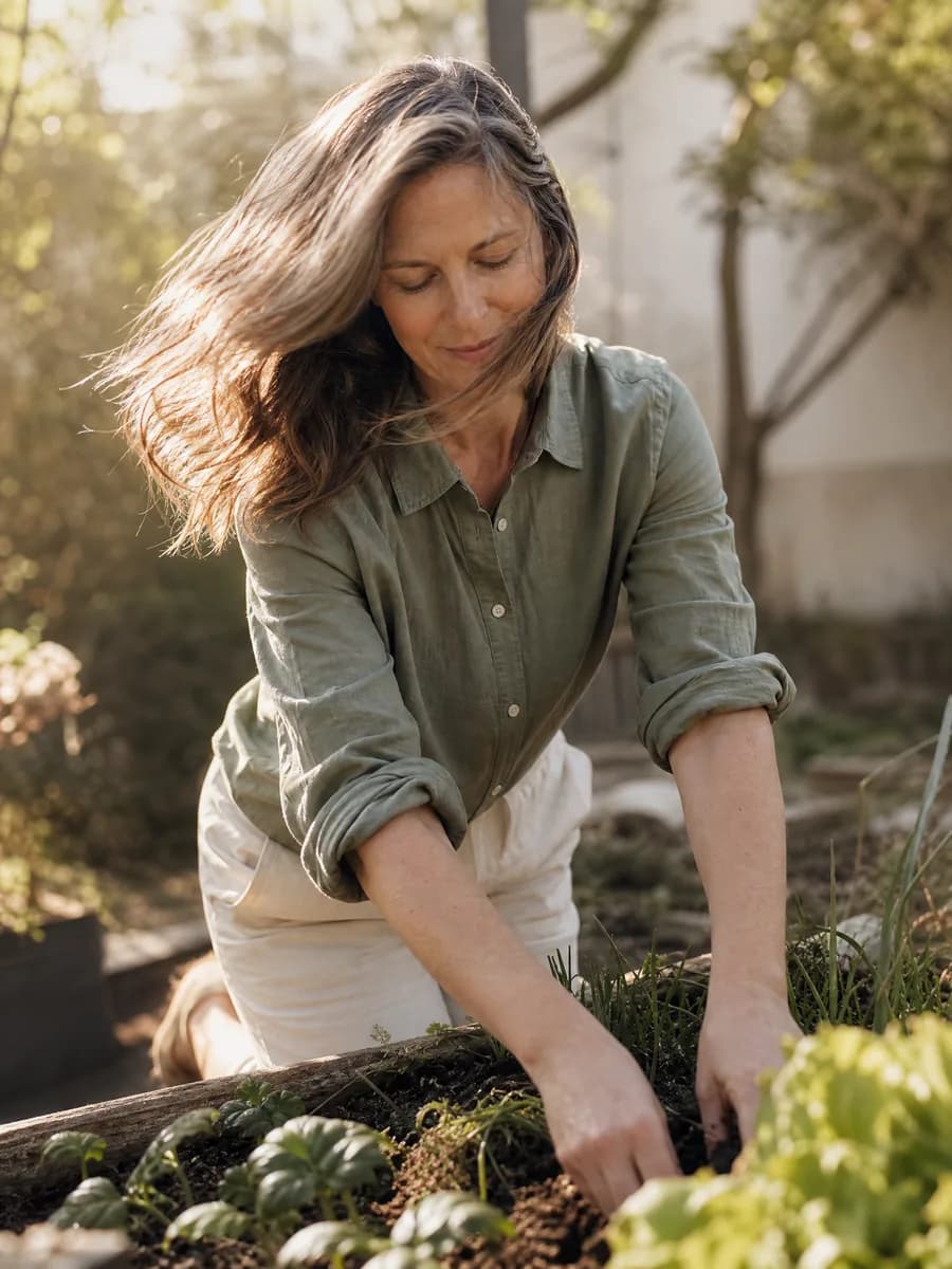 A woman tending a raised garden bed in morning sun
