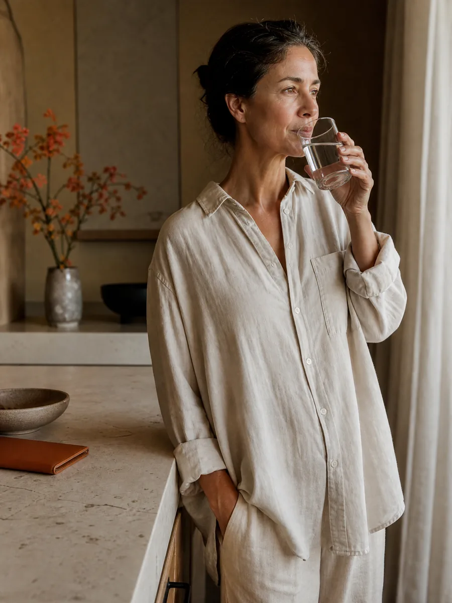 A woman drinking water at her kitchen counter in morning light