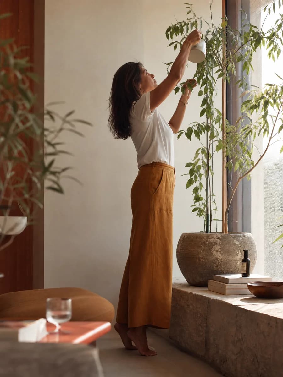 A woman watering a tall indoor plant by a bright window