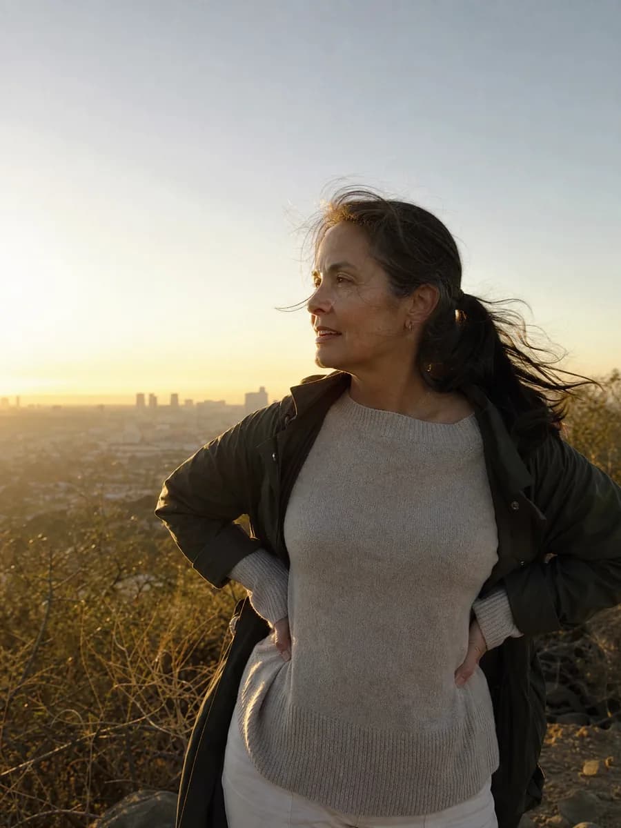 A woman pausing at the crest of a sunrise trail above the city