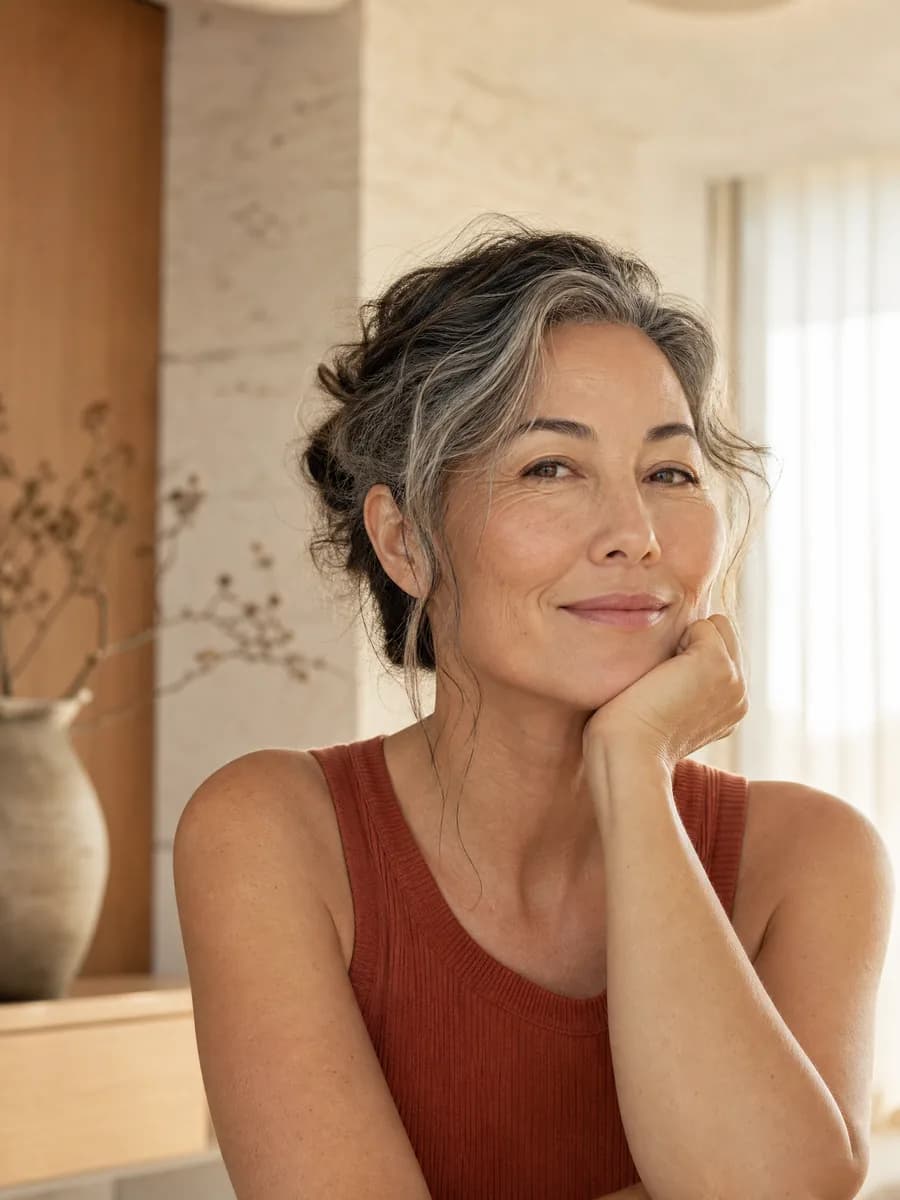 A woman resting her chin on her hand with a soft smile