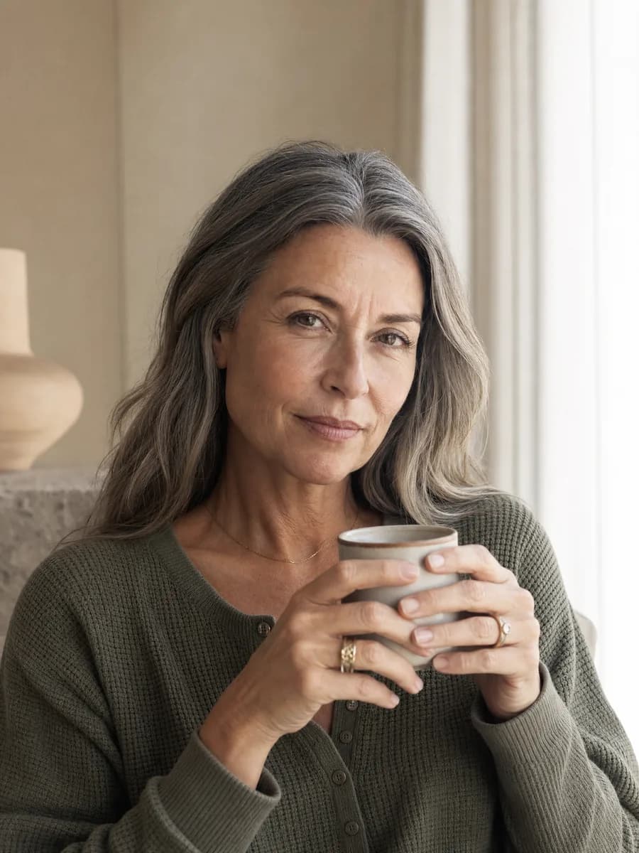 A woman holding a warm mug with a gentle direct gaze