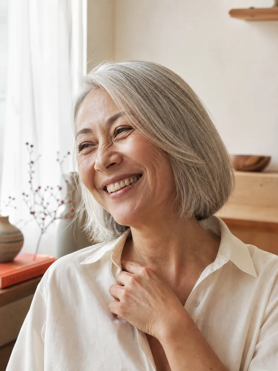 A woman with a silver bob laughing softly in curtain light